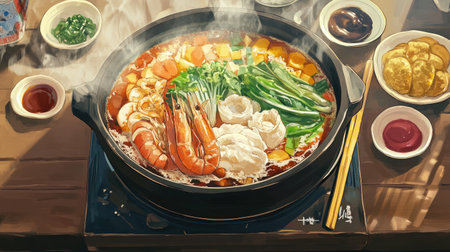 A high-resolution image of a traditional hot pot meal with a sizzling broth, fresh seafood, and vegetables, with dipping sauces and garnishes on the side.の素材