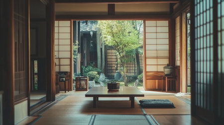 A high-resolution photo of the interior of a Japanese house, showcasing tatami mats, low wooden furniture, and a minimalist aesthetic with sliding doors and natural light.の素材