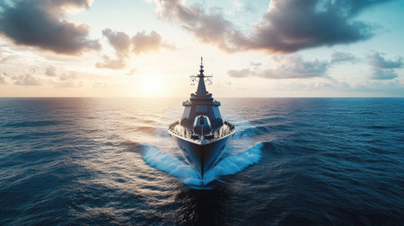 A high-resolution image of a large naval vessel patrolling the open sea, with a focus on the ship's sleek design and the expansive ocean background.の素材