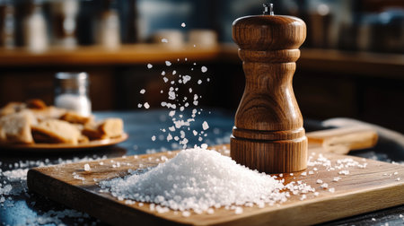A high-resolution image of a salt grinder filled with coarse cooking salt, with salt crystals visibly falling onto a cutting board or meal.の素材
