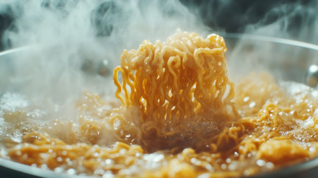 A high-quality image of instant noodles being stirred in a pot, with visible steam and a close-up of the noodles and broth, showcasing the cooking process.の素材