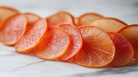 A high-resolution photo of sliced  on a kitchen countertop, showcasing the translucent layers and rich color against a clean, neutral background.の素材