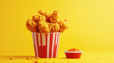 A high-quality image of a bucket of fried chicken, with pieces spilling out and a side of dipping sauces, set against a simple, clean background.の素材