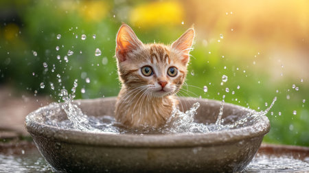 A playful kitten splashes joyfully in water, capturing the essence of fun and innocence in a sunlit garden setting filled with vibrant greenery.の素材