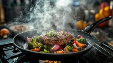 A mouthwatering juicy steak sears in a hot pan surrounded by colorful vegetables. The steam rises, creating an appetizing atmosphere perfect for gourmet cooking.の素材
