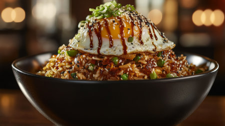 A vibrant bowl of fried rice, topped with a perfectly fried egg and drizzled with sauce. This dish is a flavorful combination of textures and colors. Ideal for food lovers.の素材
