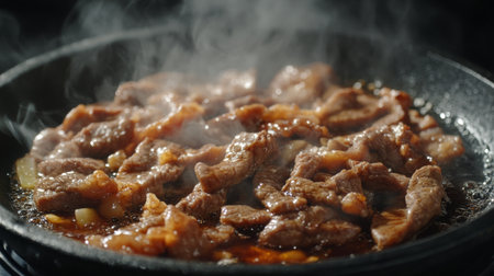 A mouthwatering close-up of sizzling meat cooking in a hot pan, releasing steam and rich aromas, perfect for showcasing culinary art and delicious dining experiences.の素材