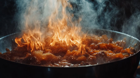A dramatic scene in the kitchen featuring flames and steam rising from a pan filled with crispy fried food, showcasing the culinary process and mouthwatering appeal.の素材