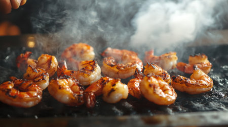 Juicy grilled shrimp sizzling on a hot grill with smoke rising, showcasing the art of cooking seafood. Perfect for culinary projects and cookout inspiration.の素材