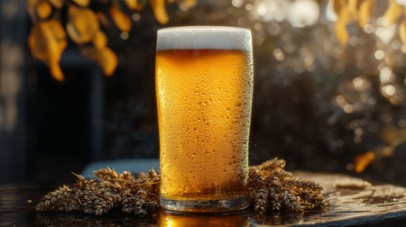 A refreshing glass of golden beer sits adorned with condensation, surrounded by barley and wheat. The warm sunlight enhances its inviting appearance, perfect for summer gatherings.の素材