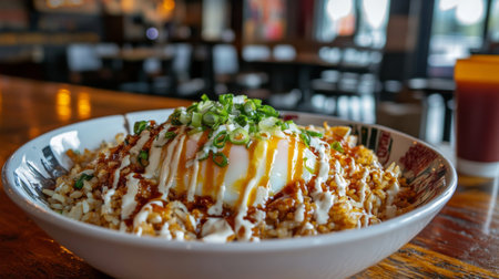 A beautifully plated rice bowl topped with a poached egg and green onion, showcasing vibrant colors and textures, perfect for a delicious meal experience.の素材