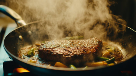 A mouthwatering steak sizzling in a pan surrounded by colorful vegetables, creating a flavorful meal. Steam rises, enhancing the cooking ambiance.の素材