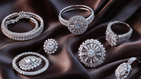 A stunning arrangement of luxurious diamond and silver jewelry pieces. This collection showcases intricate designs and exceptional craftsmanship, perfect for elegance and style.の素材