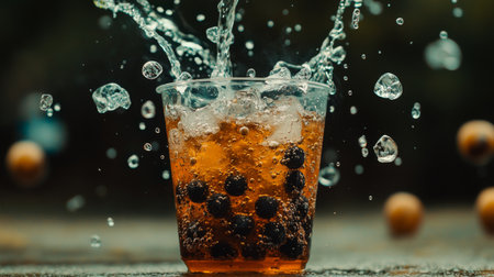 A vibrant glass of refreshing beverage featuring a splash of water and ice cubes, perfect for summer gatherings and relaxation moments.の素材