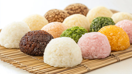 A vibrant assortment of Japanese rice balls presented on a bamboo mat, showcasing a variety of colors and textures. Ideal for food lovers and culinary enthusiasts.の素材