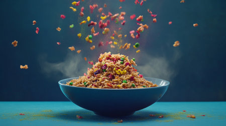 A vibrant bowl of colorful cereal bursts with energy against a blue backdrop. The colorful cereal pieces create a playful visual, perfect for food photography.の素材