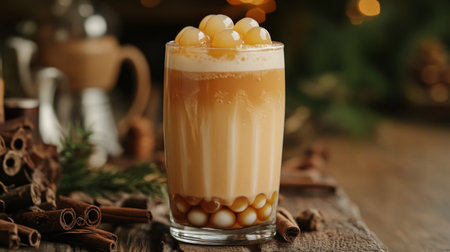 This image showcases a delicious creamy beverage topped with tapioca pearls. Perfect for showcasing refreshment and indulgence, this drink is ideal for warm gatherings.の素材