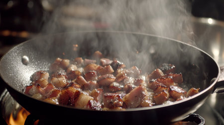 A close-up view of crispy bacon cooking in a frying pan, with steam rising in a warm kitchen. The sizzle and aroma create an appetizing atmosphere.の素材