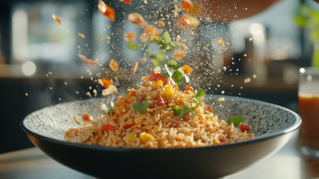 A vibrant plate of fried rice topped with fresh vegetables and spices showcases an appetizing presentation, ideal for culinary enthusiasts and food photography.の素材