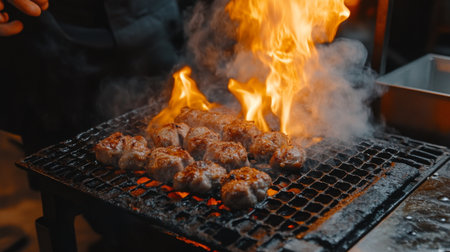 A close-up of grilled meat sizzling over an open flame, showcasing vibrant flames and smoke. Perfect for food lovers and culinary enthusiasts.の素材