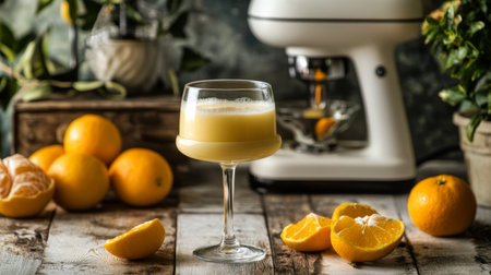 A refreshing glass of freshly squeezed citrus juice sitting elegantly on a rustic wooden table. Juicy oranges surround a classic juicer, emphasizing natural flavors.の素材