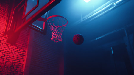 A basketball spins towards the hoop illuminated by vibrant neon lights, creating a dramatic scene of motion and energy in an urban setting. Perfect for sports-themed projects.の素材