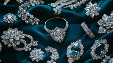 A captivating display of exquisite jewelry pieces arranged elegantly on rich fabric. This image showcases a variety of sparkling gems and intricate designs ideal for fashion and luxury themes.の素材