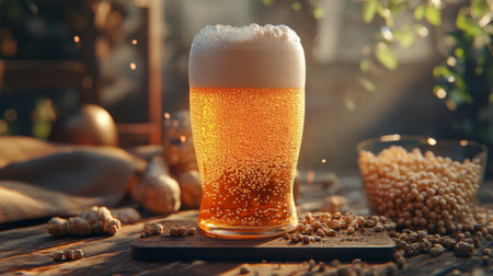 A beautifully styled glass of cold beer with a frothy foam head sits on a wooden table, surrounded by barley grains, evoking a warm, inviting atmosphere.の素材