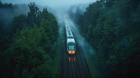 A high-speed train emerging from a foggy forest, with mist surrounding the tracks and creating a mysterious atmosphere.の素材
