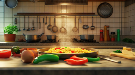 A lively kitchen scene with a chef preparing curry fried rice, with fresh ingredients like bell peppers, onions, and curry powder laid out on the counter.の素材