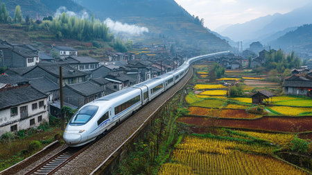 A high-speed train racing past a countryside village, its sleek body contrasting with the traditional houses and fields.の素材