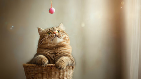 A plump cat sitting in a basket, its round body overflowing as it playfully swats at a dangling toy above it.の素材