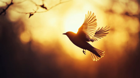 A serene photo of a bird flying close to a sunset or sunrise, with warm, golden hues highlighting the silhouette of the bird and creating a peaceful atmosphere.の素材