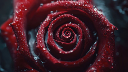 A macro shot capturing the spiral center of a red rose, with water droplets glistening on the tightly curled petals, symbolizing passion and beauty.の素材