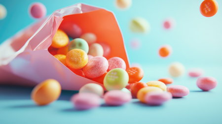 A playful scene of a colorful assortment of  spilling out of an open candy bag, with some candies still inside and others scattered around.の素材