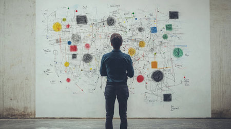 A person standing in front of a wall with a mind map, using markers to connect different concepts, emphasizing strategic thinking and idea organization.の素材
