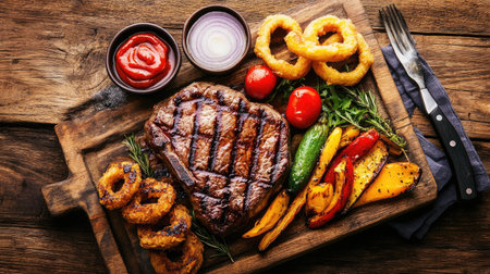 A rustic wooden table set with a hearty steak dinner, including a perfectly grilled ribeye, seasonal vegetables, and a side of crispy onion rings.の素材