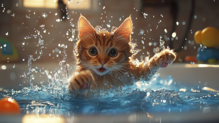 A playful scene of a cat chasing and pouncing on water droplets in a bathtub, with a splashy, fun atmosphere and a few toys scattered around.の素材
