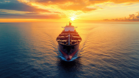 A majestic large ship sailing across the vast ocean, with the sun setting in the background, casting a warm golden glow over the water and vessel.の素材