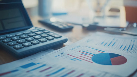 A high-resolution image of a financial report with detailed bar graphs, line charts, and pie charts, placed on a desk with a calculator and financial documents.の素材