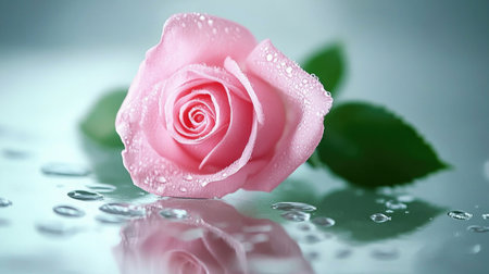A romantic composition of a single pink rose placed on a glass surface, the water droplets on the petals mirrored by tiny reflections on the glass.の素材