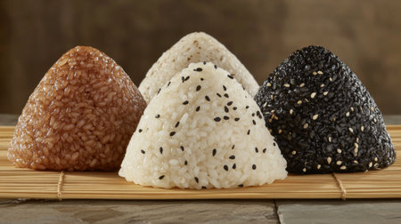 This image showcases beautifully crafted rice balls in brown, white, and black hues, arranged perfectly on a bamboo mat. Ideal for food enthusiasts.の素材