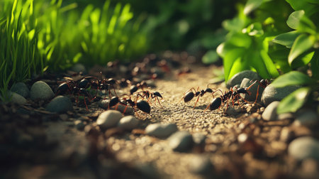 A macro shot of ants on a garden path, with visible details of their legs and bodies, surrounded by small pebbles and soil.の素材