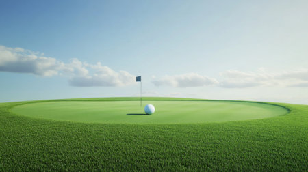 A serene golf course scene featuring a single golf ball near a flag on lush green grass, under a bright sky with soft clouds. Perfect for golf enthusiasts.の素材