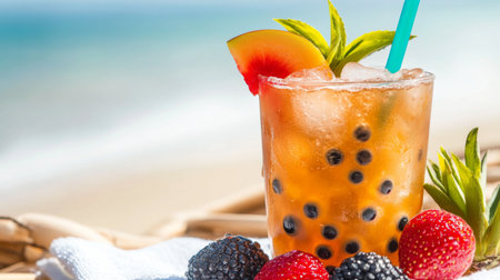 This vibrant summer cocktail is garnished with fresh fruit and served over ice. Enjoy the refreshing bubbles against a scenic beach backdrop. Perfect for relaxation!の素材