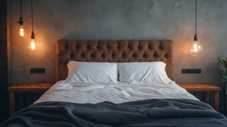 A stylish bedroom featuring a cozy bed with soft linens and warm ambient lighting. The modern design creates an inviting and serene atmosphere perfect for relaxation.の素材