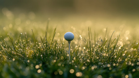 A close-up image of a golf tee resting on dewy grass at sunrise. The vibrant greens and shimmering droplets create a tranquil, beautiful setting, ideal for sports and nature lovers.の素材
