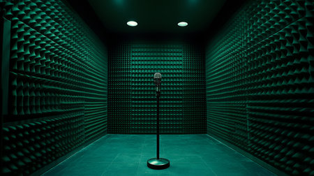 A solitary microphone stands in a soundproof room, enveloped in green light, creating a unique atmosphere. Ideal for projects related to music, audio, and performance.の素材