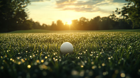 A close-up view of a golf ball resting on dewy grass at sunrise. The soft morning light illuminates the scene, creating a serene and tranquil atmosphere. Ideal for nature and sports themes.の素材