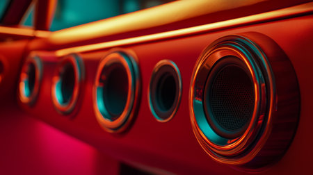 This close-up image showcases modern car interior speakers, highlighting their sleek design and vibrant lighting. It epitomizes luxury and technology in automotive audio systems.の素材